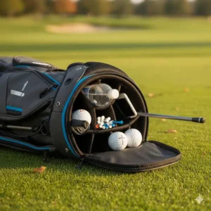 A clear view of the multiple zippered pockets on a backpack golf bag, holding golf balls, tees, and a water bottle.