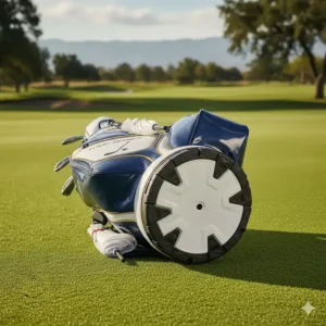 Close-up of the stable, molded base of a golf staff bag, designed to keep the heavy bag upright on various terrains.