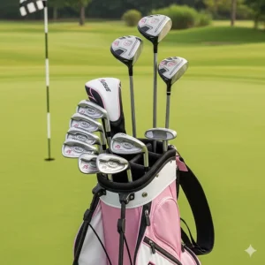 A photo of a complete starter set of petite women's golf clubs, ideal for a new golfer.