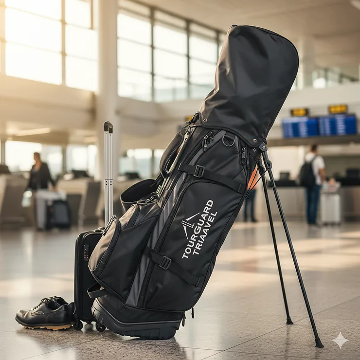 A high-quality, durable golf travel bag with wheels and extra padding, showcasing its features for protecting golf clubs during travel.