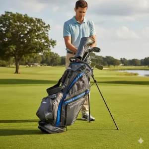 A high-quality, professional photo of the best hybrid golf bag on a golf course, showcasing its dual stand and cart functionality. The bag appears sleek and modern, with a golfer preparing to use it.