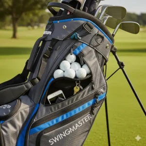 A detailed shot of the various pockets on a top-rated hybrid golf bag, pointing out the dedicated compartments for balls, apparel, and valuables.