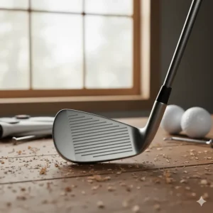 A close-up of a classic blade iron golf club head, highlighting its compact shape and thin top line, favored by skilled golfers for shot-shaping control.