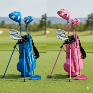 A side-by-side comparison of golf clubs for a 3-year-old, showing different colors for boys and girls.