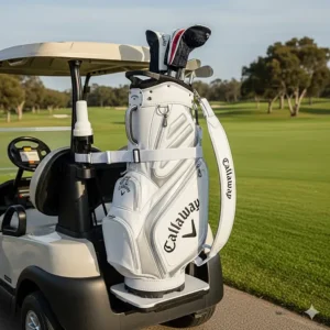 The sleek design of a Callaway women's cart golf bag, featuring a sturdy base and strap for secure attachment to a golf cart.