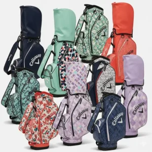 A visual display of the various fashionable colors and patterns available for Callaway women's golf bags.