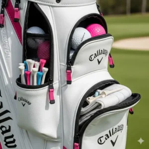 Close-up of the multiple, easily accessible pockets on a Callaway women's golf bag, perfect for storing balls, tees, and other essentials.