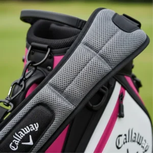 Detail of the padded, comfortable shoulder strap on a Callaway women's golf bag, designed for easy carrying.