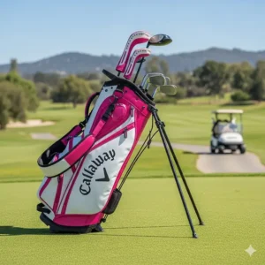 A Callaway women's stand golf bag with legs extended, highlighting its stability and ease of use on the golf course.