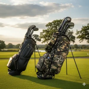 Side-by-side comparison of a traditional golf bag next to the modern, stylish camo golf bag.
