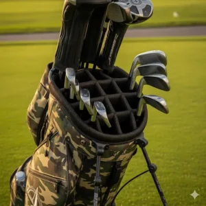 View inside the top of the camo golf bag, showing the 14-way club divider system.