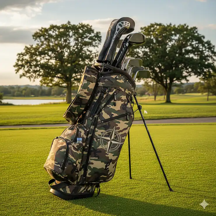 Featured image of a premium camo golf bag standing on the green with clubs inside, showcasing its durable design and camouflage pattern.