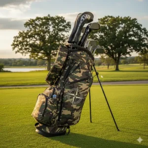 Full view of the military camo golf bag with all pockets zipped, highlighting the pattern.