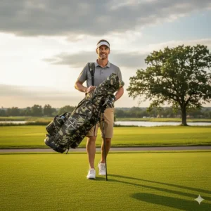 Golfer carrying the lightweight camo golf bag on the course, demonstrating its portability and look.