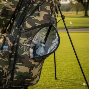 Detailed shot of a large, insulated side pocket on the camo golf bag, perfect for drinks or accessories.