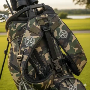 Close-up of the padded dual shoulder straps on the camo golf bag for comfortable carrying.