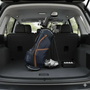 A compact, portable **golf bag holder** stabilizing a bag in the trunk of a car to prevent tipping during transport.