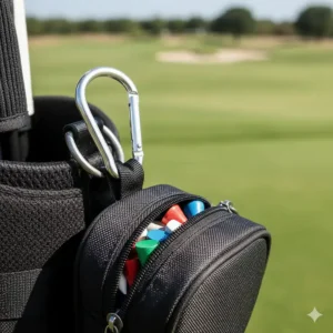 Close-up on the metal carabiner clip used as an attachment mechanism on the top of a golf tee holder bag.
