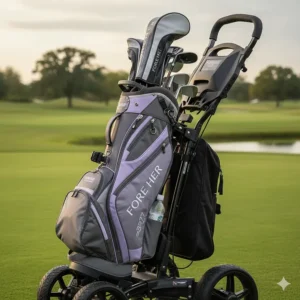 A large ladies' cart golf bag shown secured to a motorized golf cart, highlighting the full-length dividers.