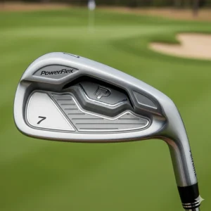 A detailed view of a cavity-back golf iron, highlighting its design for increased distance and control.