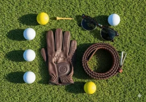 Essential accessories for a classic golf outfit, including a leather glove, a belt, and a pair of sunglasses.