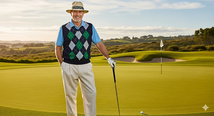 A man in a classic golf outfit, including a collared polo shirt, argyle sweater vest, and pleated chinos, stands on a green golf course.