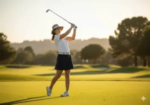 A woman dressed in a classic golf outfit, featuring a polo shirt, knee-length skirt, and a wide-brimmed sun hat.