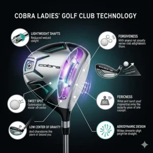 An infographic showing the technology behind Cobra ladies' golf clubs, explaining features like lightweight shafts and forgiveness.