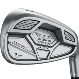 A high-resolution close-up of the club head of a Cobra ladies golf iron, showing the intricate weighting and cavity design.