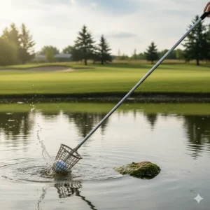 A long, collapsible golf ball retriever extended to easily fetch a ball from a water hazard.