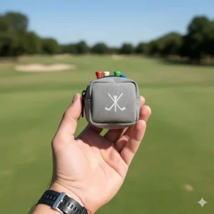 Hand holding a compact, small-sized golf tee bag to demonstrate its minimal size and easy portability.