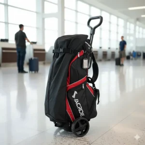 A compact travel golf bag with wheels, folded and ready for storage or transport on an airplane.