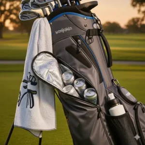 Close-up of the insulated cooler pocket on a golf bag, showing its waterproof lining and zipper.
