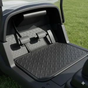 Illustration of the custom-fit golf bag cart rubber mat perfectly molded around the pedals of a Club Car Precedent.