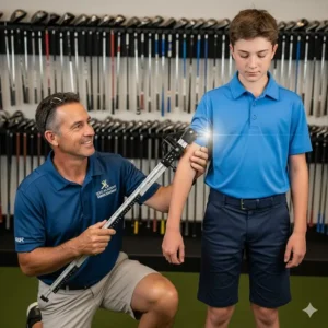 A golf coach measuring a teenager for a custom set of teen golf clubs, highlighting the importance of proper fit.