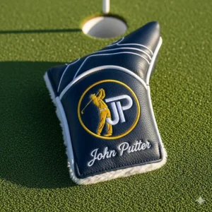 A custom-embroidered golf putter headcover featuring a unique logo and personalized design.