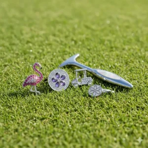 A set of three decorative rhinestone women's golf ball markers with a magnetic hat clip and matching divot tool.