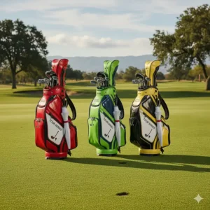 A selection of three brightly colored golf staff bags lined up, showcasing the customization options available.