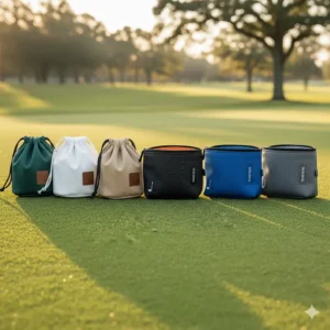 A selection of different colored and styled golf valuables pouches including drawstring and zippered options.