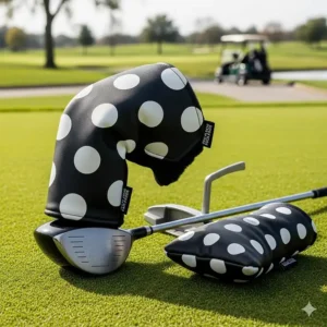 A black and white polka dot driver golf club cover for women, shown on a fairway wood with a matching putter cover nearby.