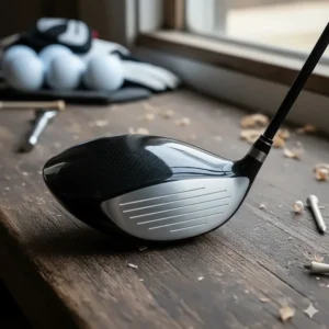 An overhead shot of a modern driver golf club head, showcasing its large face and aerodynamic design for maximum distance off the tee.