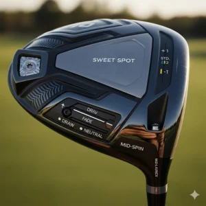 A close-up shot of a modern driver designed for intermediate golfers, highlighting its large sweet spot and adjustable features.