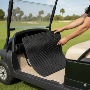 Simple illustration of the quick, easy drop-in installation process for the rubber golf cart floor mat.