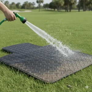 Photo demonstrating the easy-to-clean rubber mat, designed to be hosed off for quick removal of mud and sand.