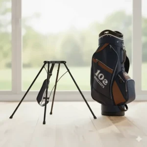 Image of a lightweight, **foldable golf bag holder** collapsed for easy carrying and storage when not in use.