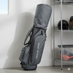 A compact, empty golf travel bag folded down for easy storage when not in use.
