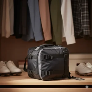 A soft-sided golf travel bag neatly folded up, demonstrating how some models can be stored easily in small spaces.