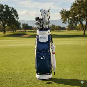 Close-up front view of a golf staff bag, showing the primary ball pocket and branding area.