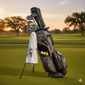 A fully loaded stand golf bag showing club dividers and storage pockets, including the cooler compartment.