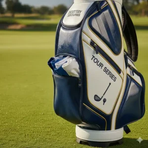 The spacious, full-length apparel pocket on the side of a large golf staff bag, ideal for holding outerwear and rain gear.